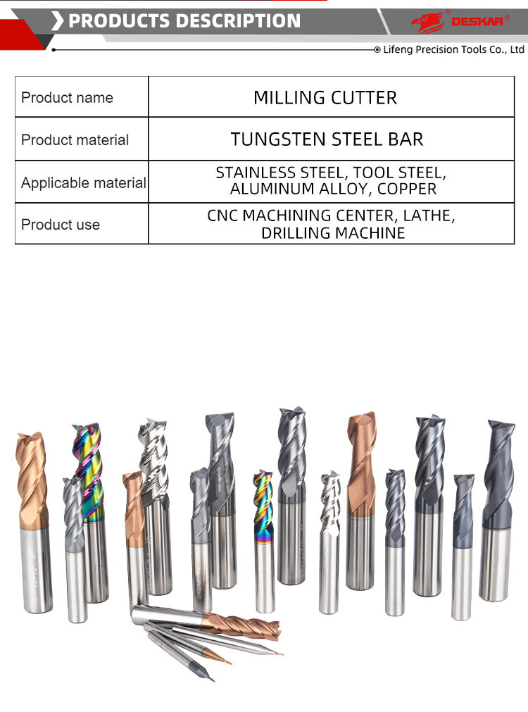 DESKAR Cnc End Mill Cutting Tool Tungsten Milling Cutter Endmill carbide end mills 4 Flutes For Steel End Mill Flat cnc cutting details